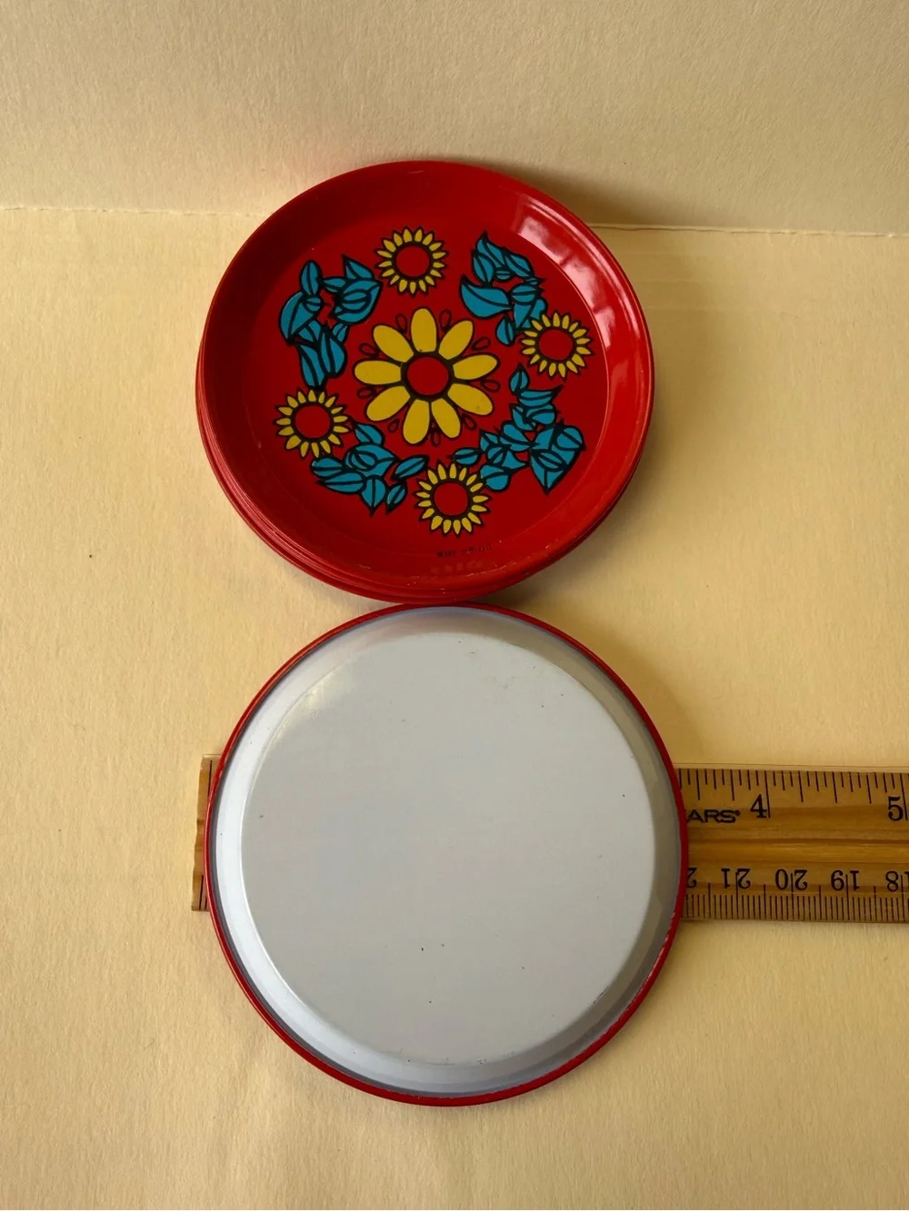 Vintage Set of 6 MCM Metal Floral Coasters in Red Yellow and Blue Made in Brazil